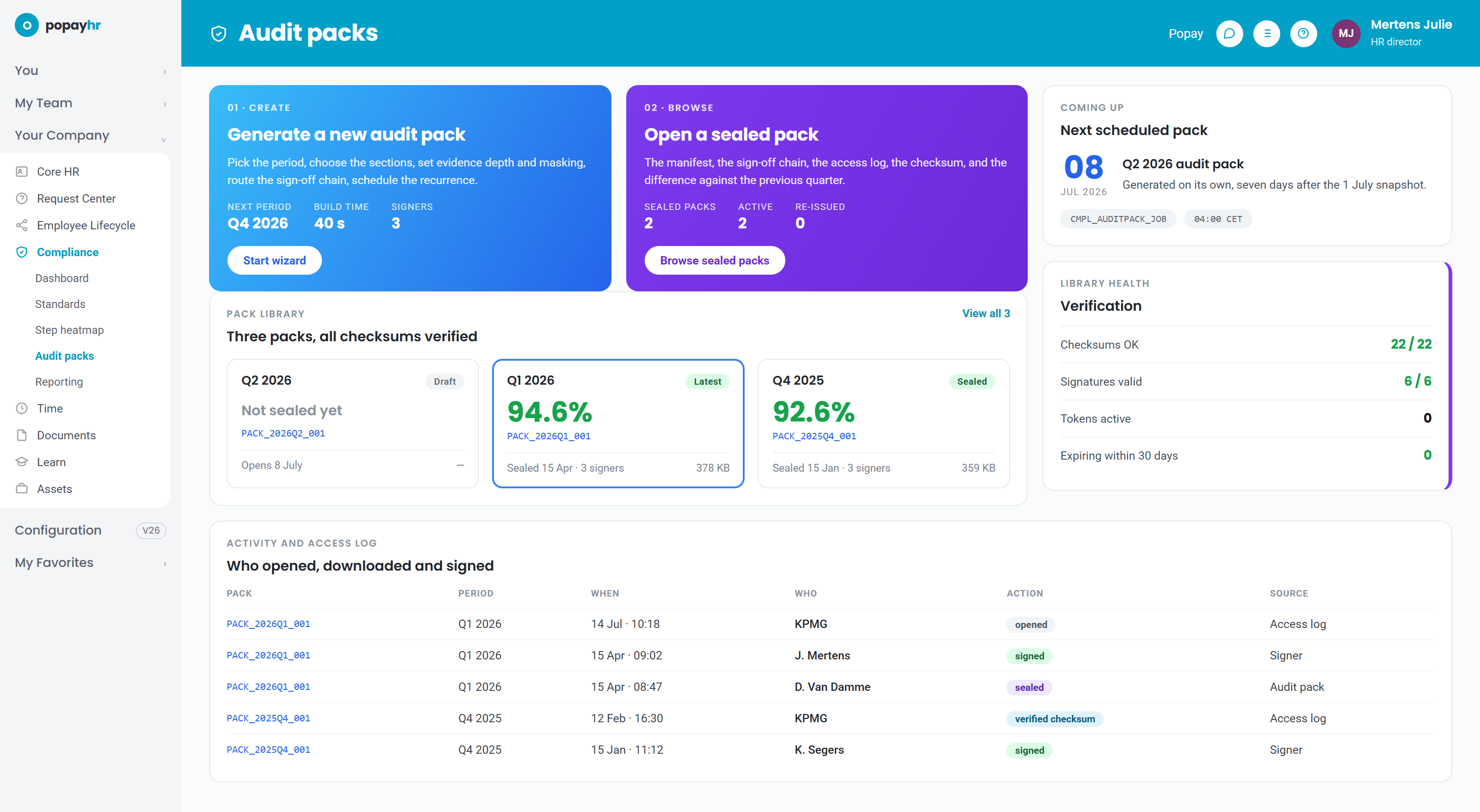 The audit pack library: sealed quarterly packs with their compliance rate, checksums and sign-off