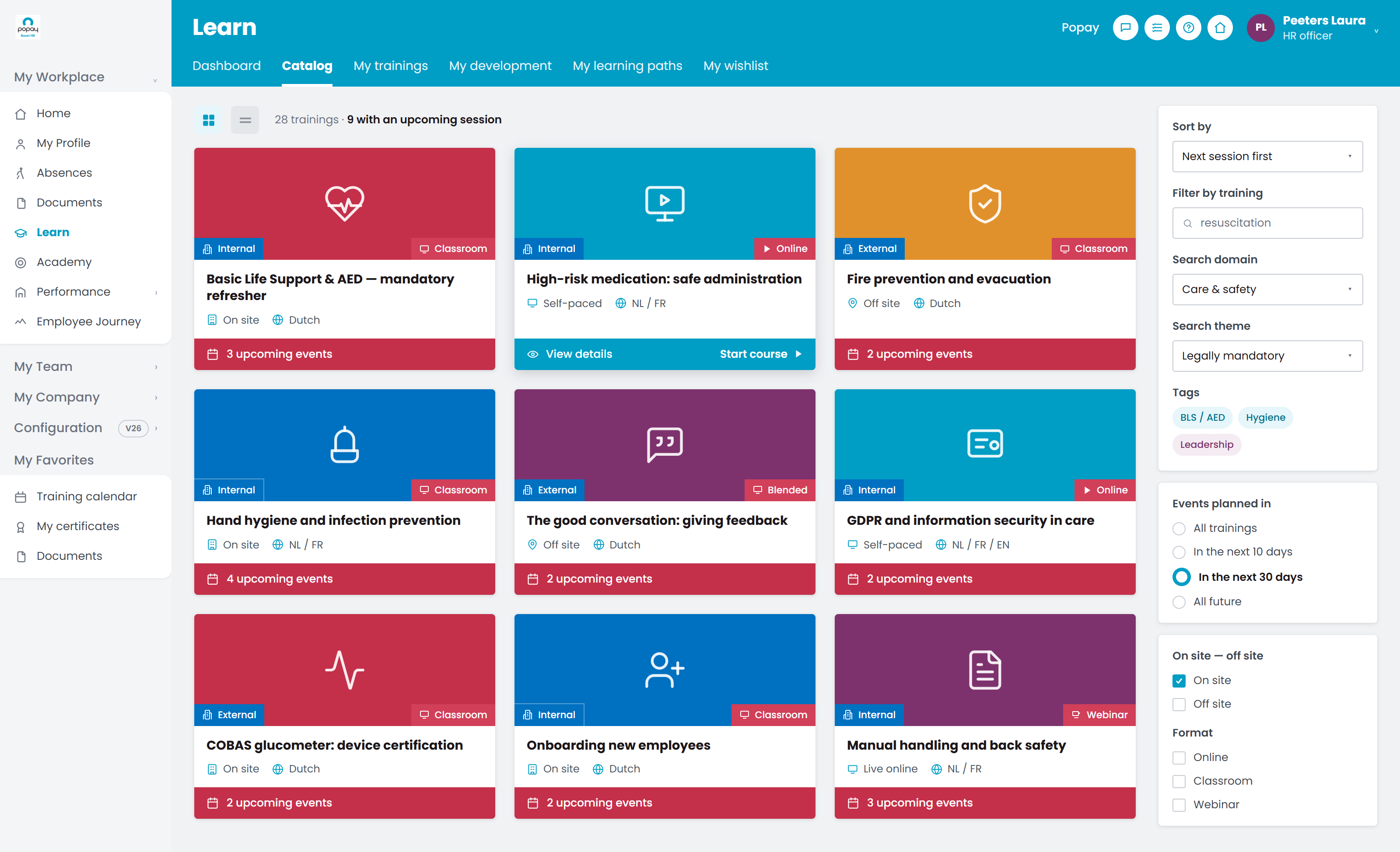Popay Learn training catalogue with filters, session badges and upcoming events