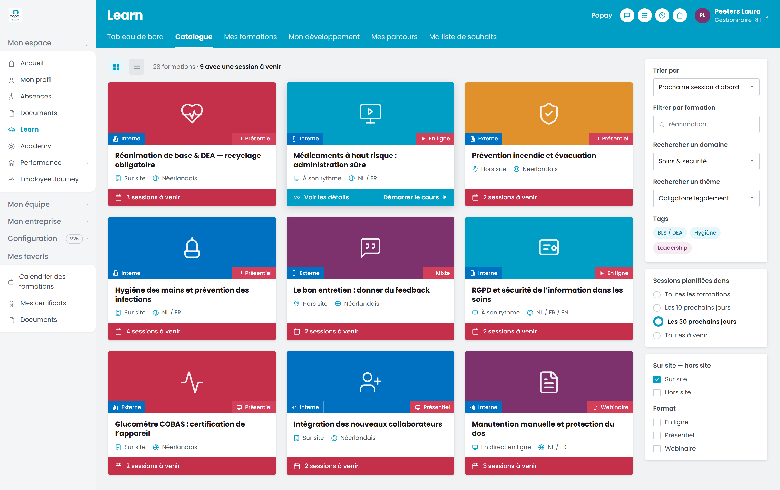 Catalogue de formations Popay Learn avec filtres, badges de session et événements à venir