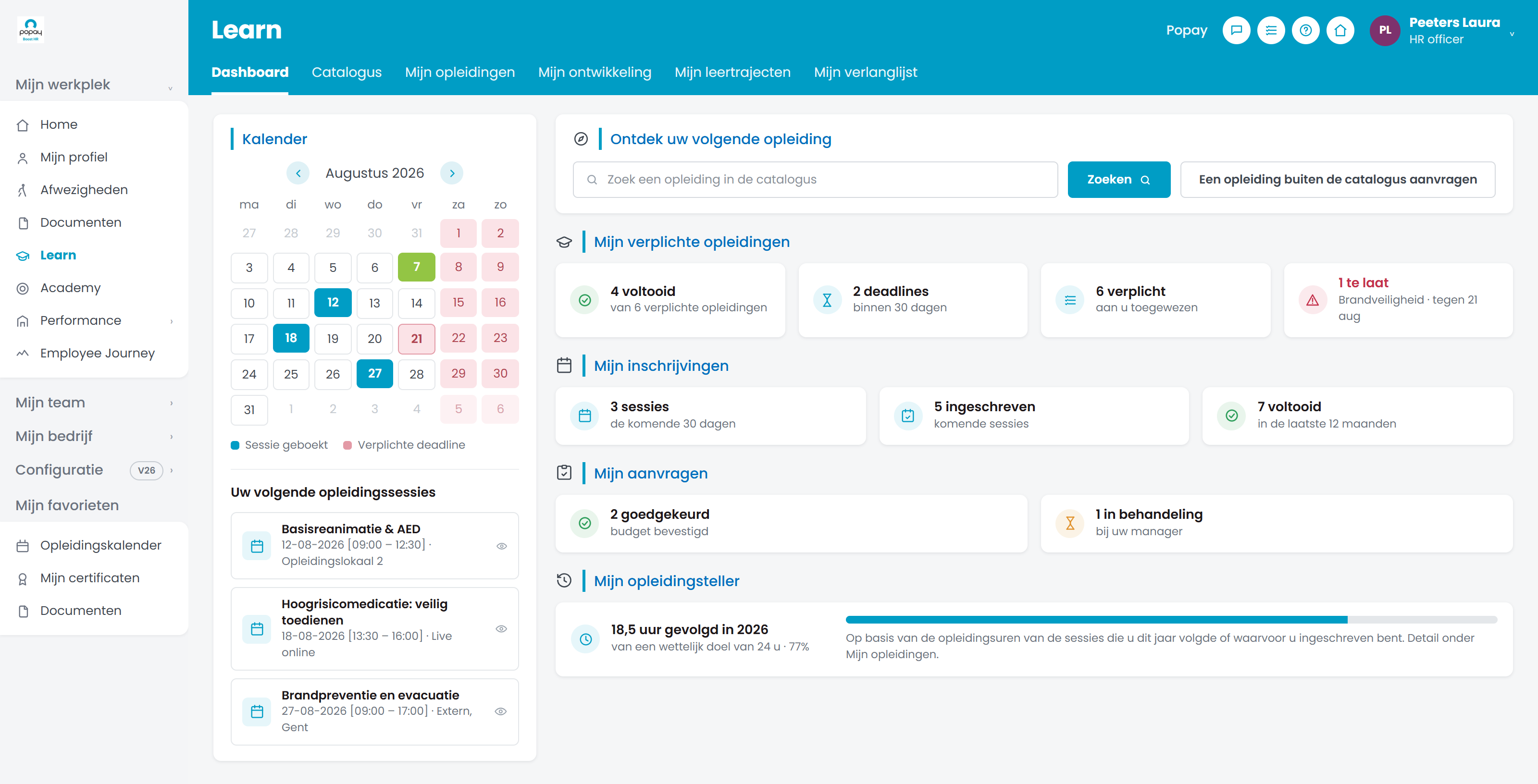 Popay Learn dashboard met deadlines voor verplichte opleiding, inschrijvingen, aanvragen en de jaarlijkse teller opleidingsuren
