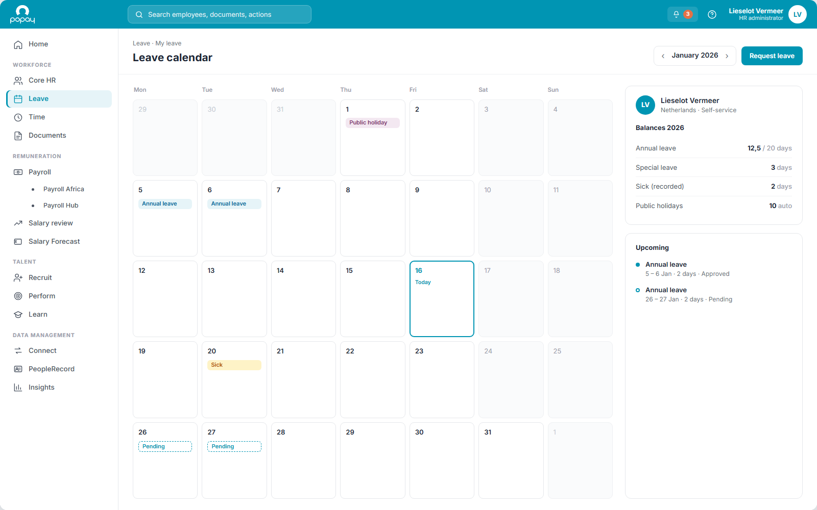 PopayHR leave calendar with employee balances