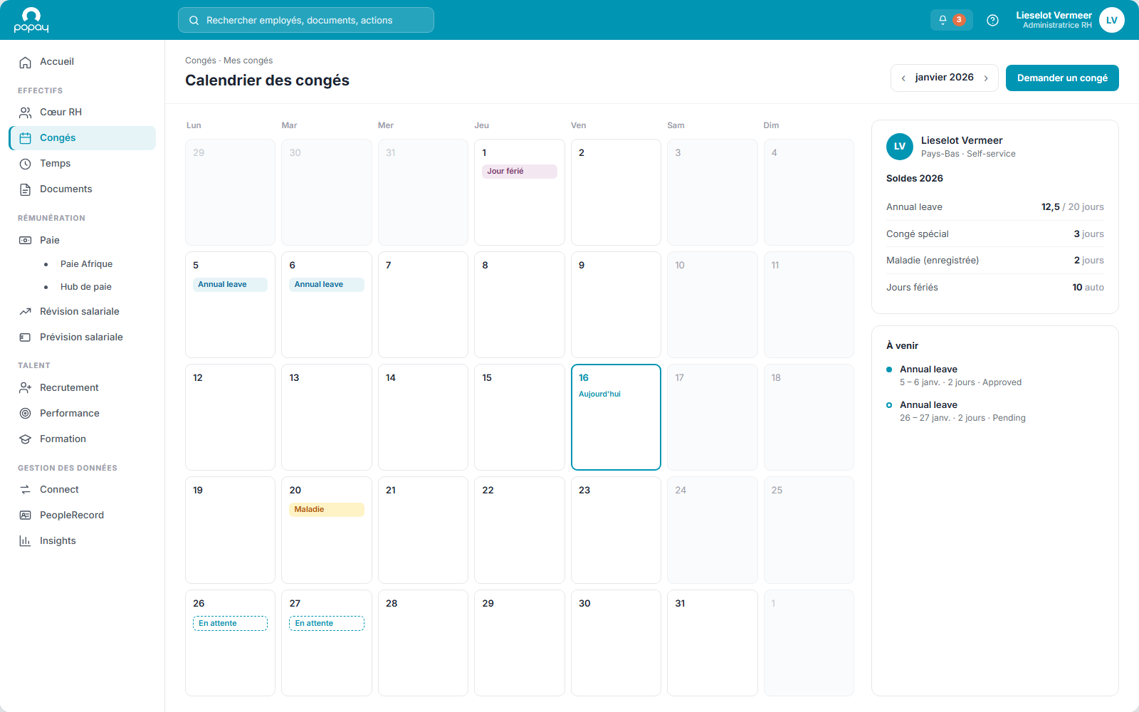 Calendrier des congés PopayHR avec soldes des collaborateurs