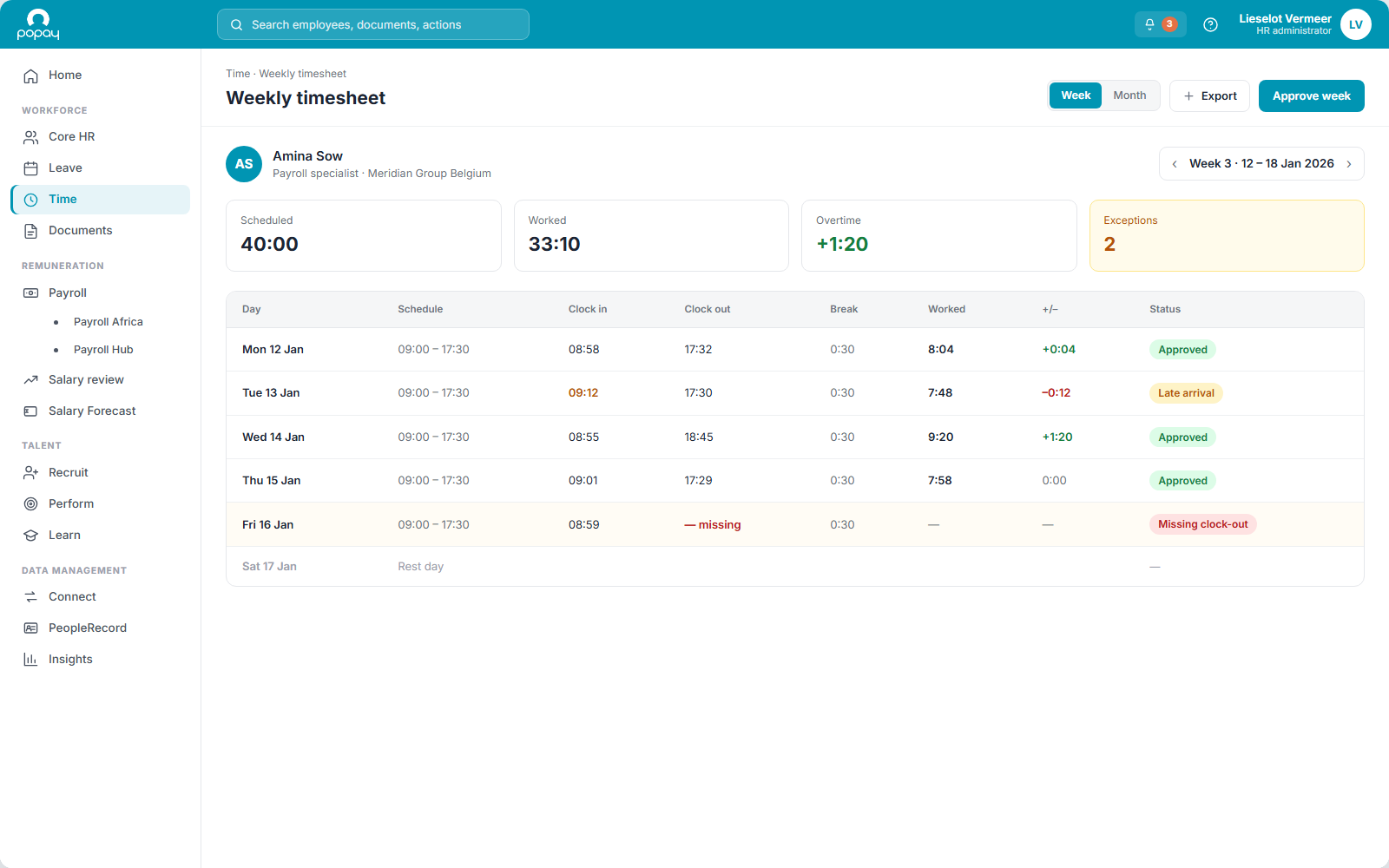 PopayHR timesheet: weekly hours, schedule and flagged exceptions